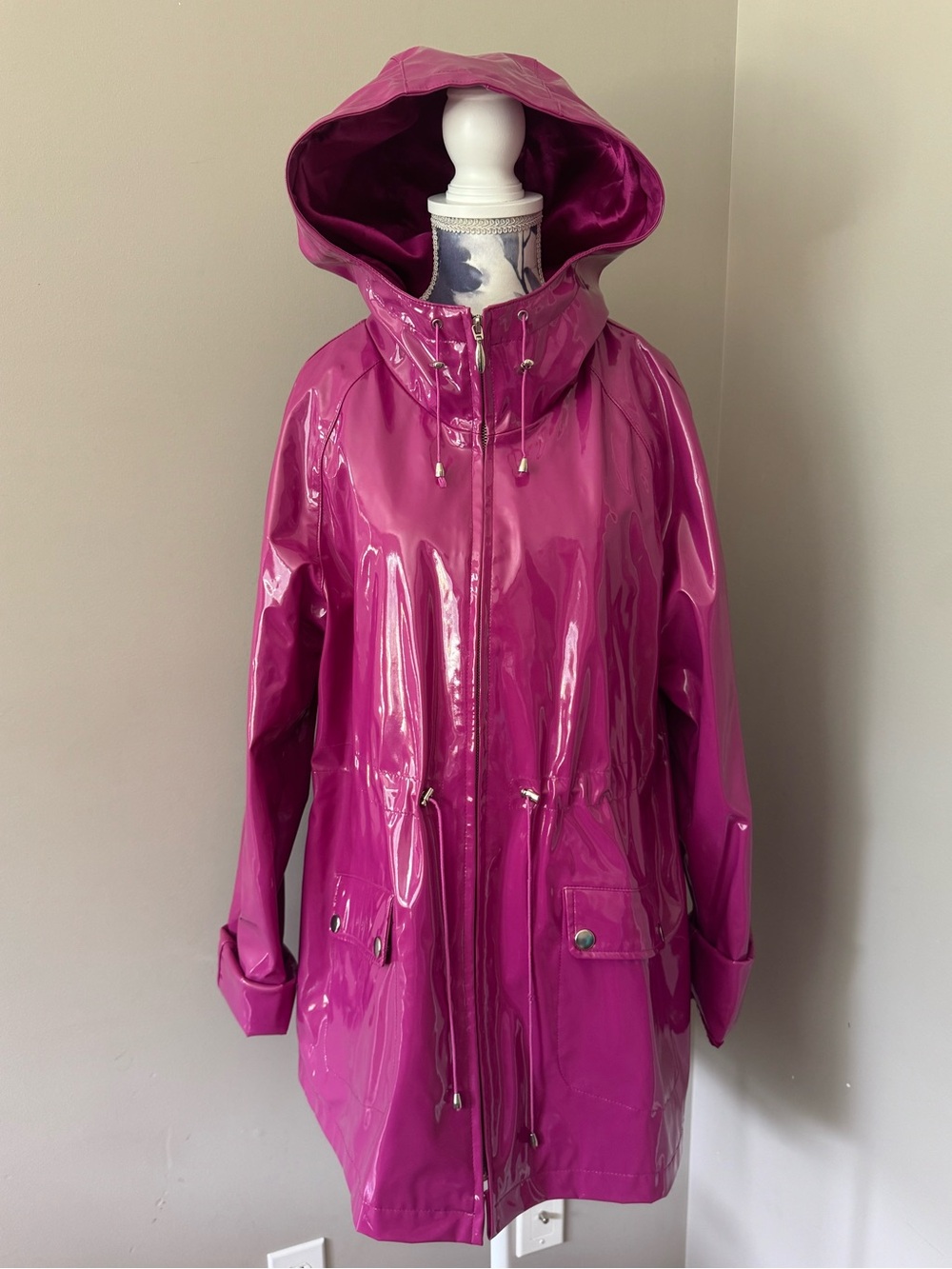 Guillaume Fuchsia Hooded Rain Jacket With A Glossy Finish & Satin Inner Lining